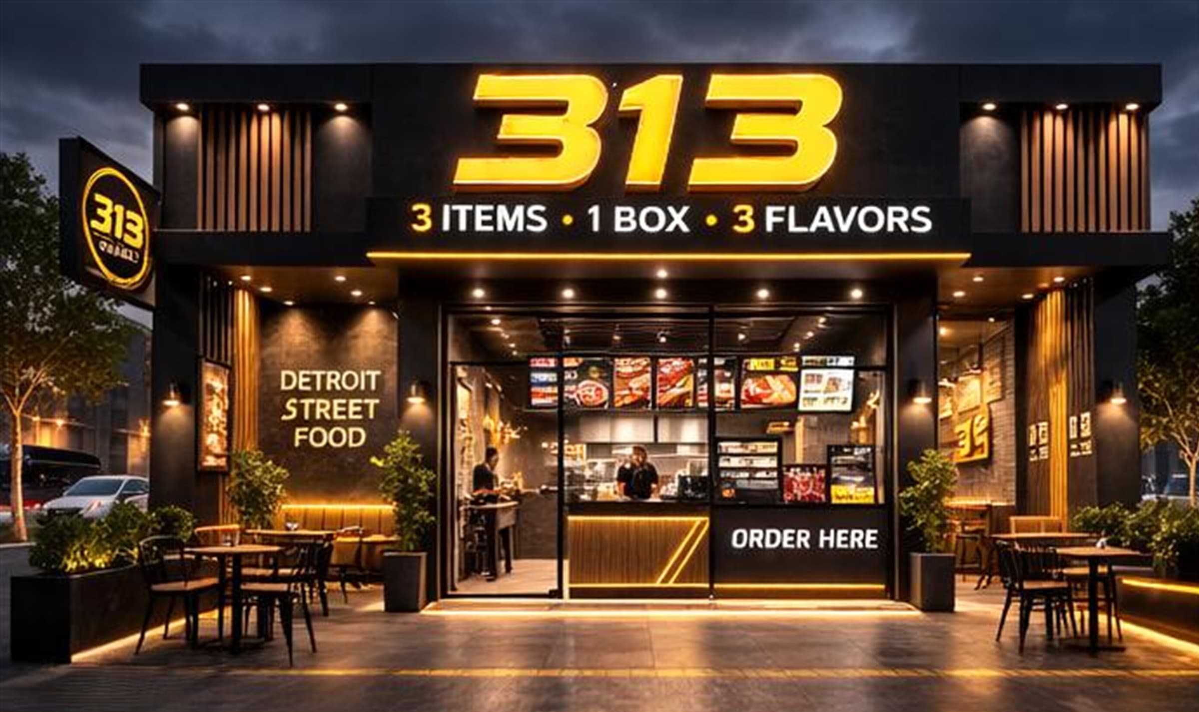 313 Restaurant storefront at night