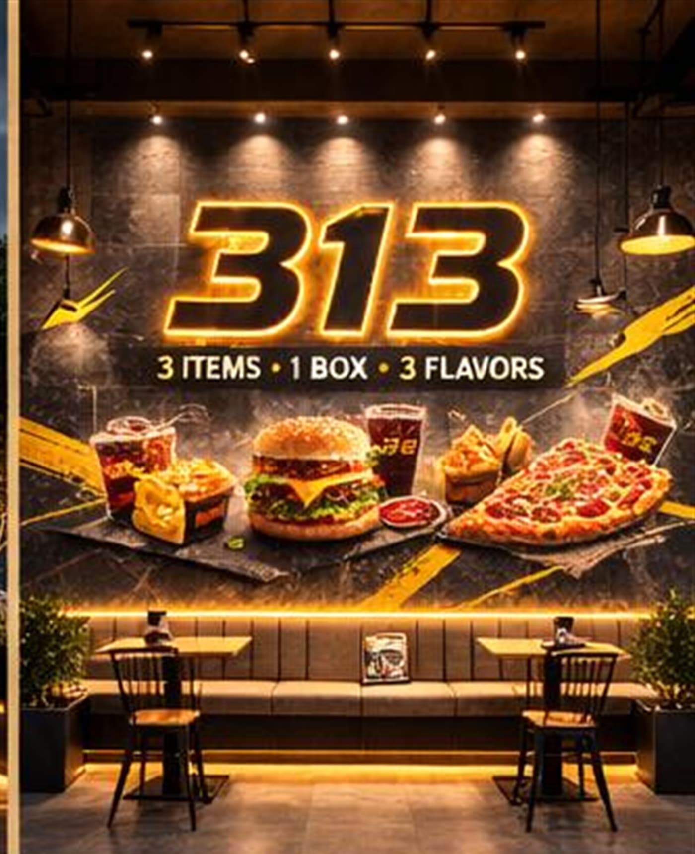 313 Restaurant brand wall with burgers, pizza, and drinks